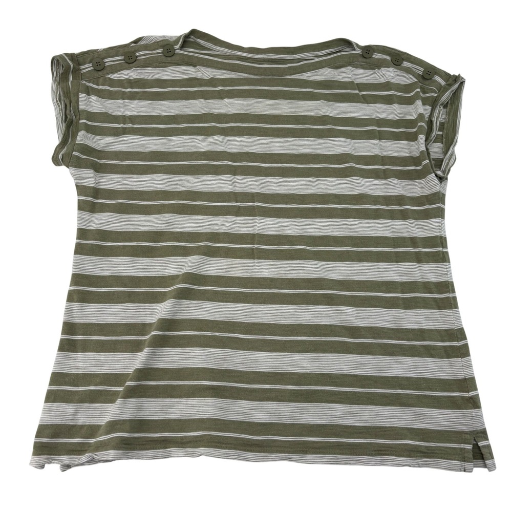 Talbots Womens Large Olive Green White Striped Button Shoulder Boat Neck Top
